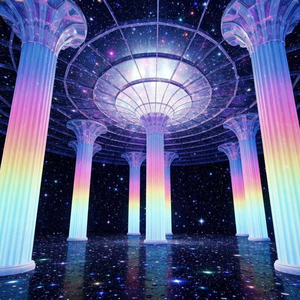 Rainbow Pillars Support Glass Ceiling Above Starry Sky