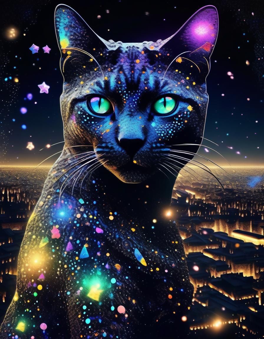 Cosmic Cat Girl Digital Art with Stardust Skin