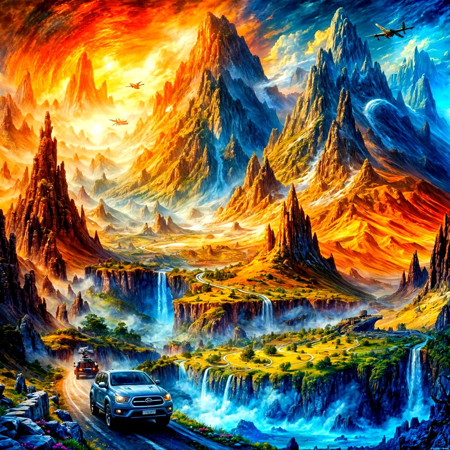 Detailed Fantasy Landscape Painting of Mountain Road with Ve...