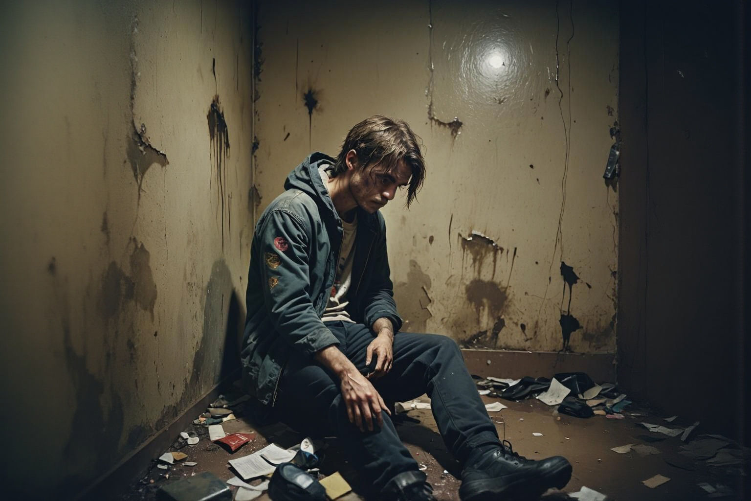 Depressed Person in Dirty Room: Cinematic Film Still