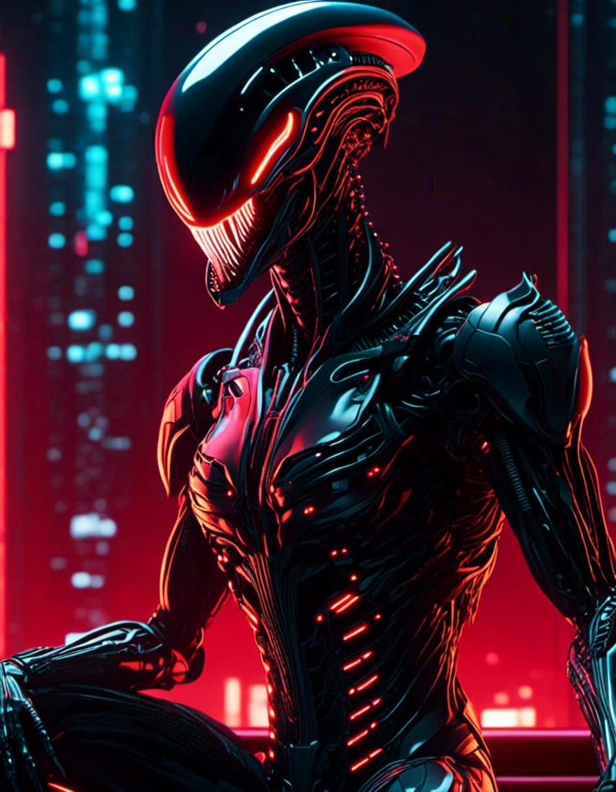 Xenomorph Alien wearing a red lacy tuxedo 8K resolution <lora:Gridimation:1.0>
