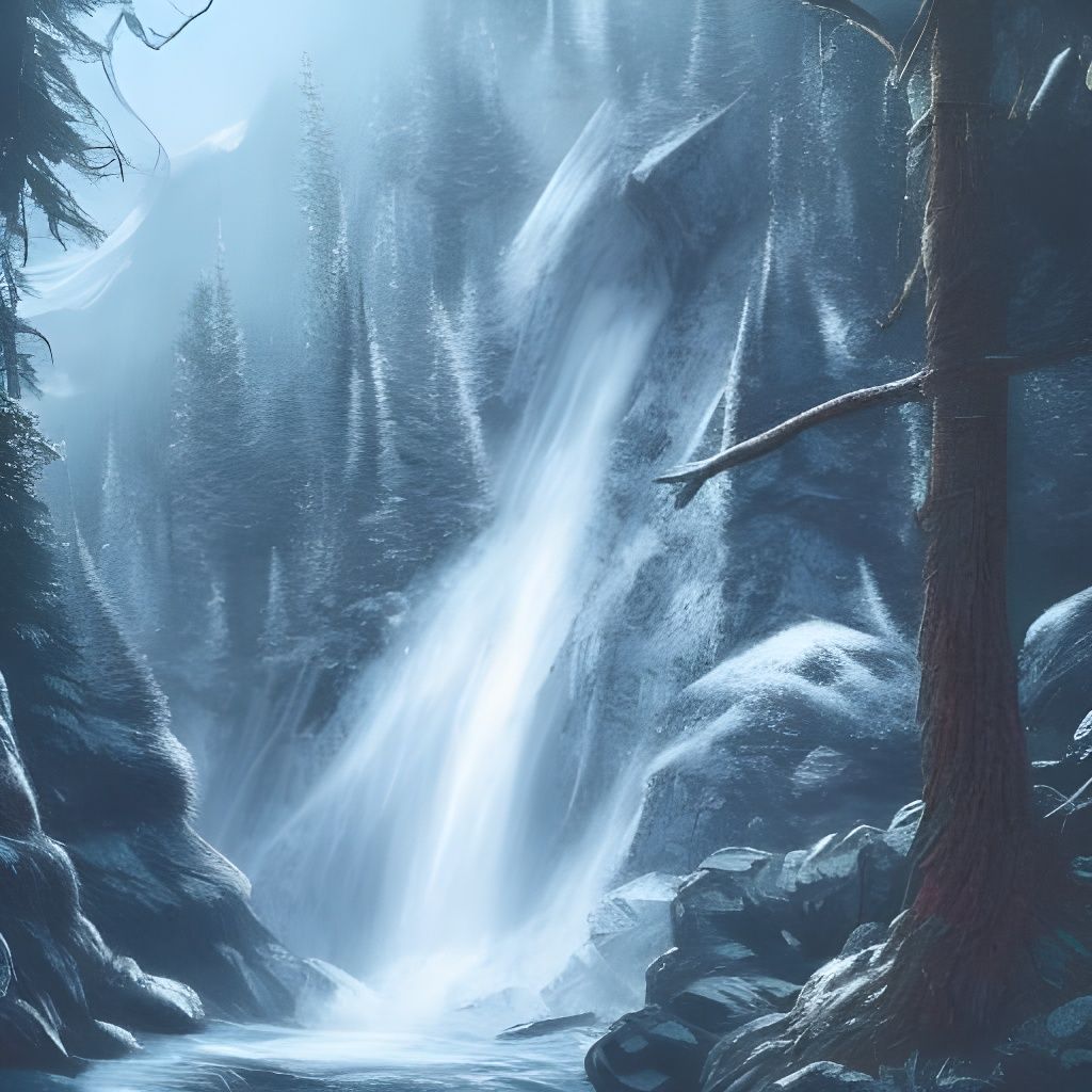 Mountain Waterfall Matte Painting in Spruce Forest