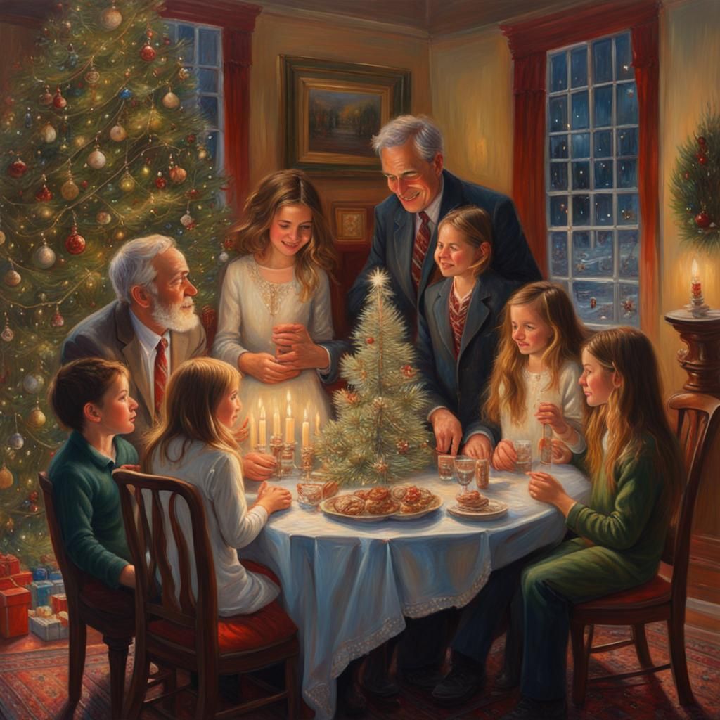 Family in Magical Christmas Home: Oil Painting