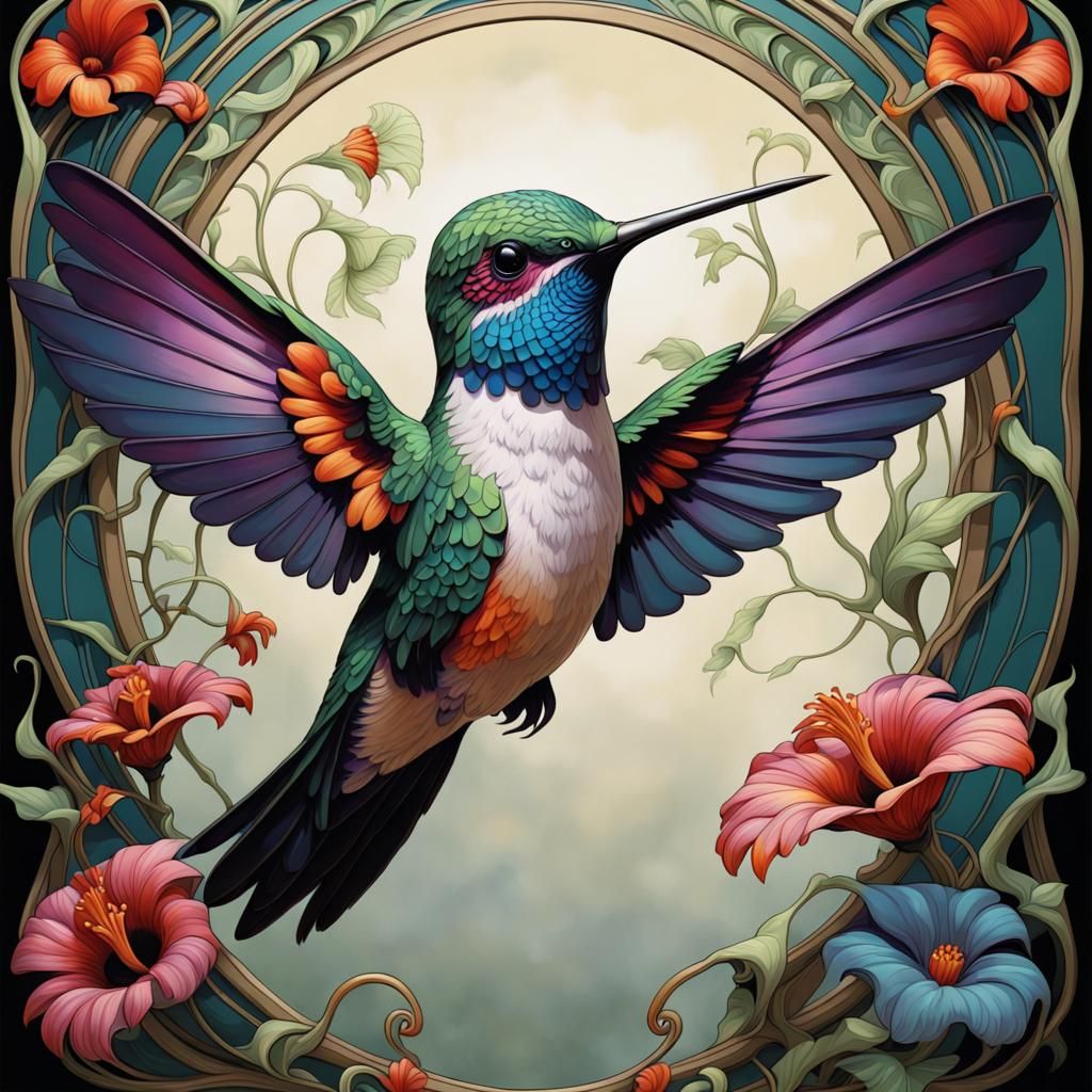 Adorable Hummingbird in Vivid Art Nouveau Style