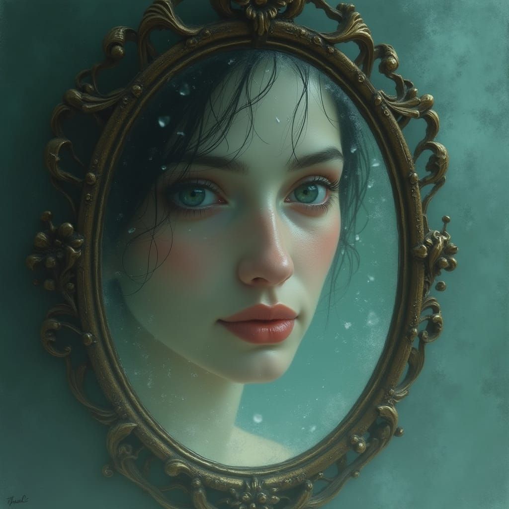 Serene Woman Reflected in Antique Mirror