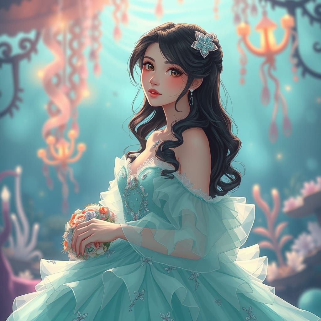 A 20 year old lady wearing an ariel wedding dress