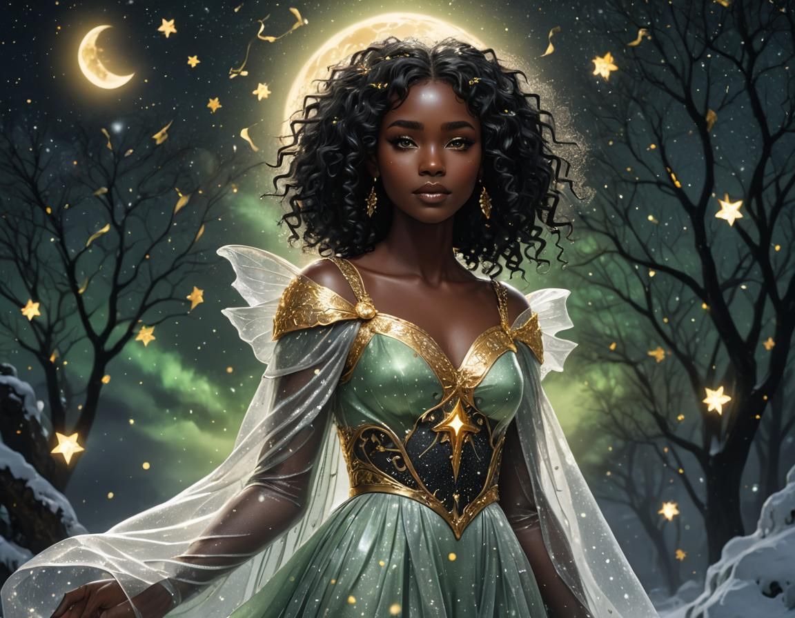 Celestial Girl in Ice Dress Under Golden Rain