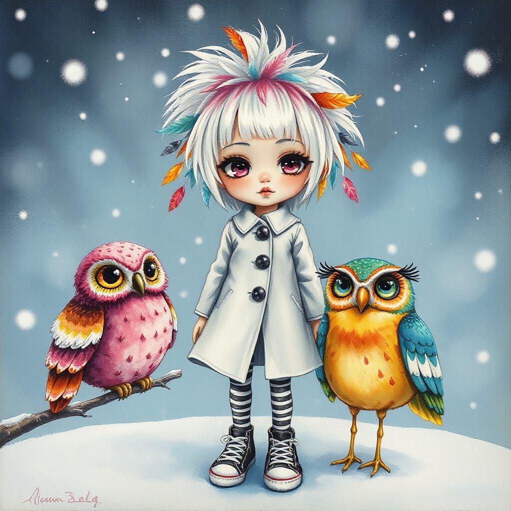 Kawaii Style whimsical tall cute girl with messy white and p...