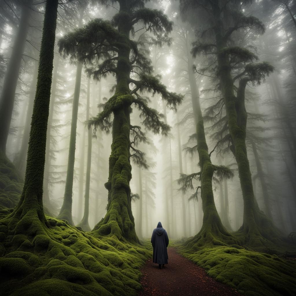 Figure in Hooded Robe in Misty Forest
