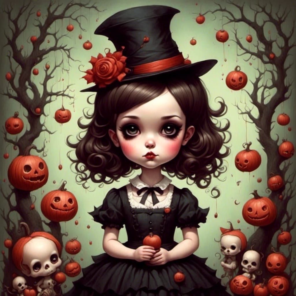 Whimsical Witch Girl Portrait in Pop-Surrealist Style