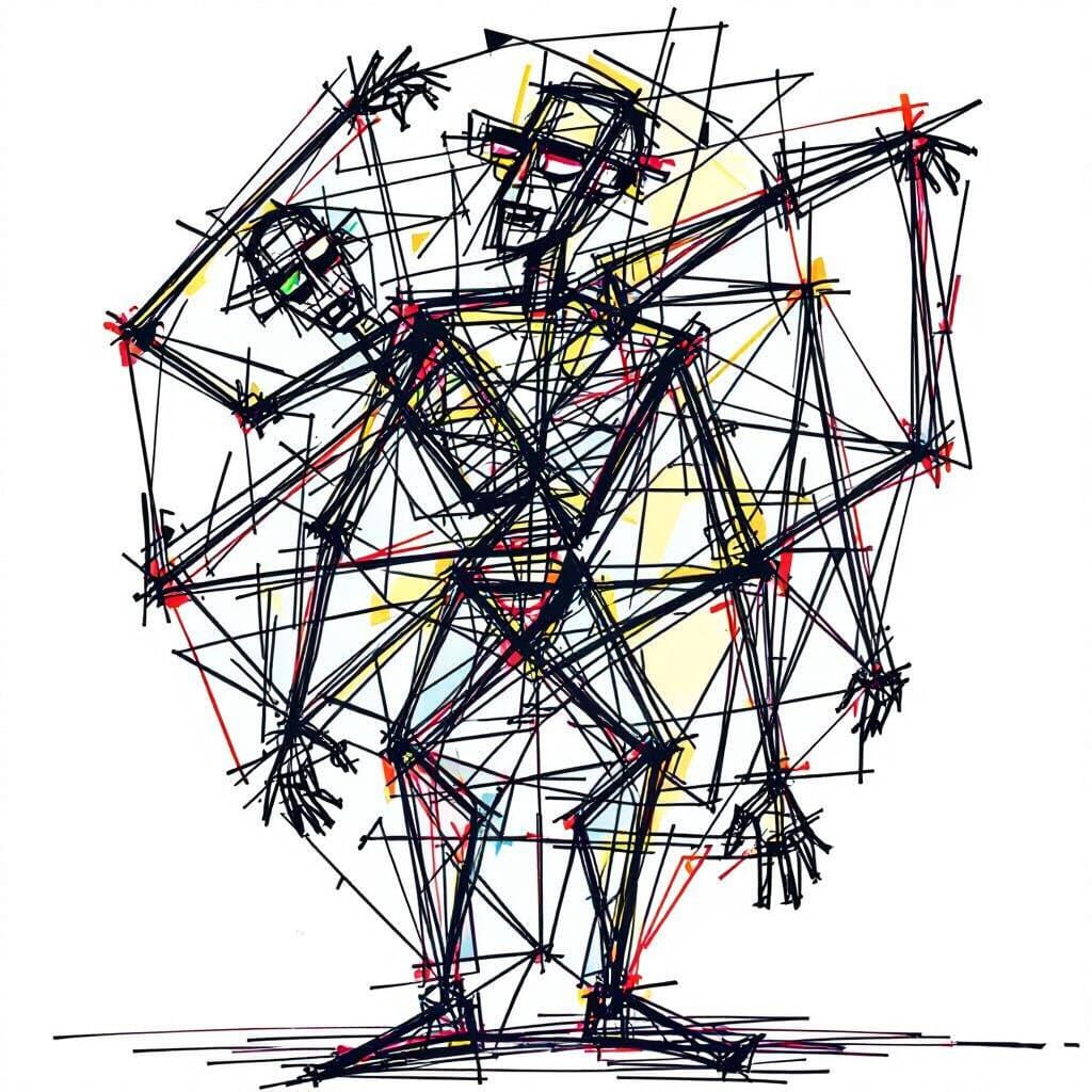 Intricate Stick Figure Dancing Dramatically in Spotlight