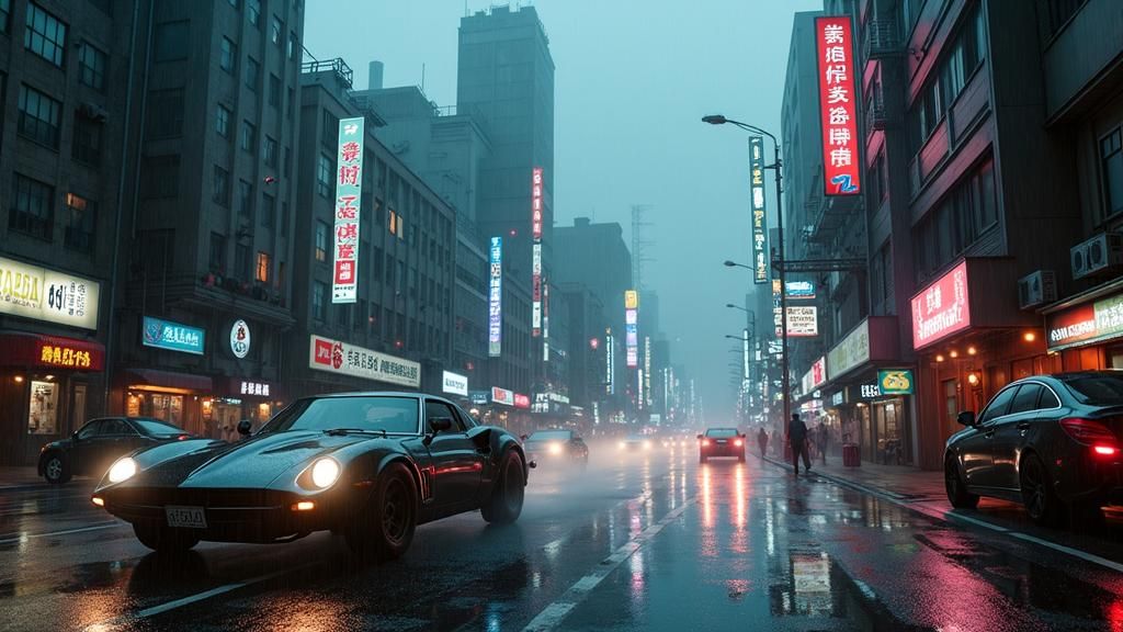 Cyberpunk Tokyo Cityscape at Dusk in the Rain