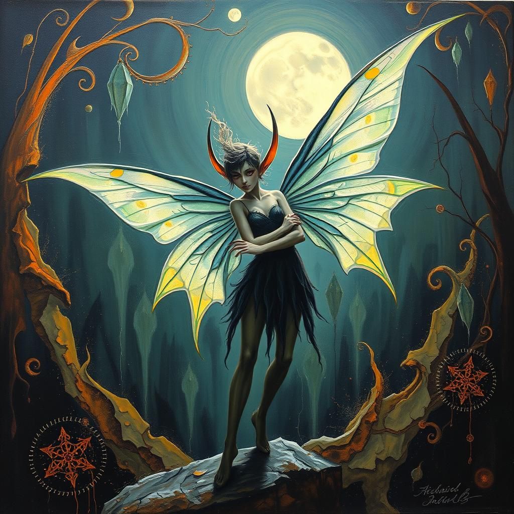 Eerie Fairy Elf with Glowing Wings in Art Deco Style
