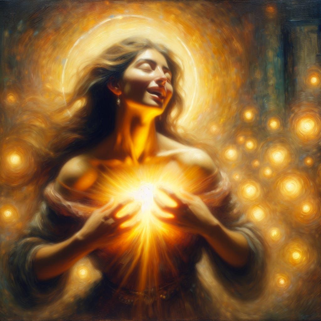 Hispanic Woman Radiating Joy in Symbolism Style