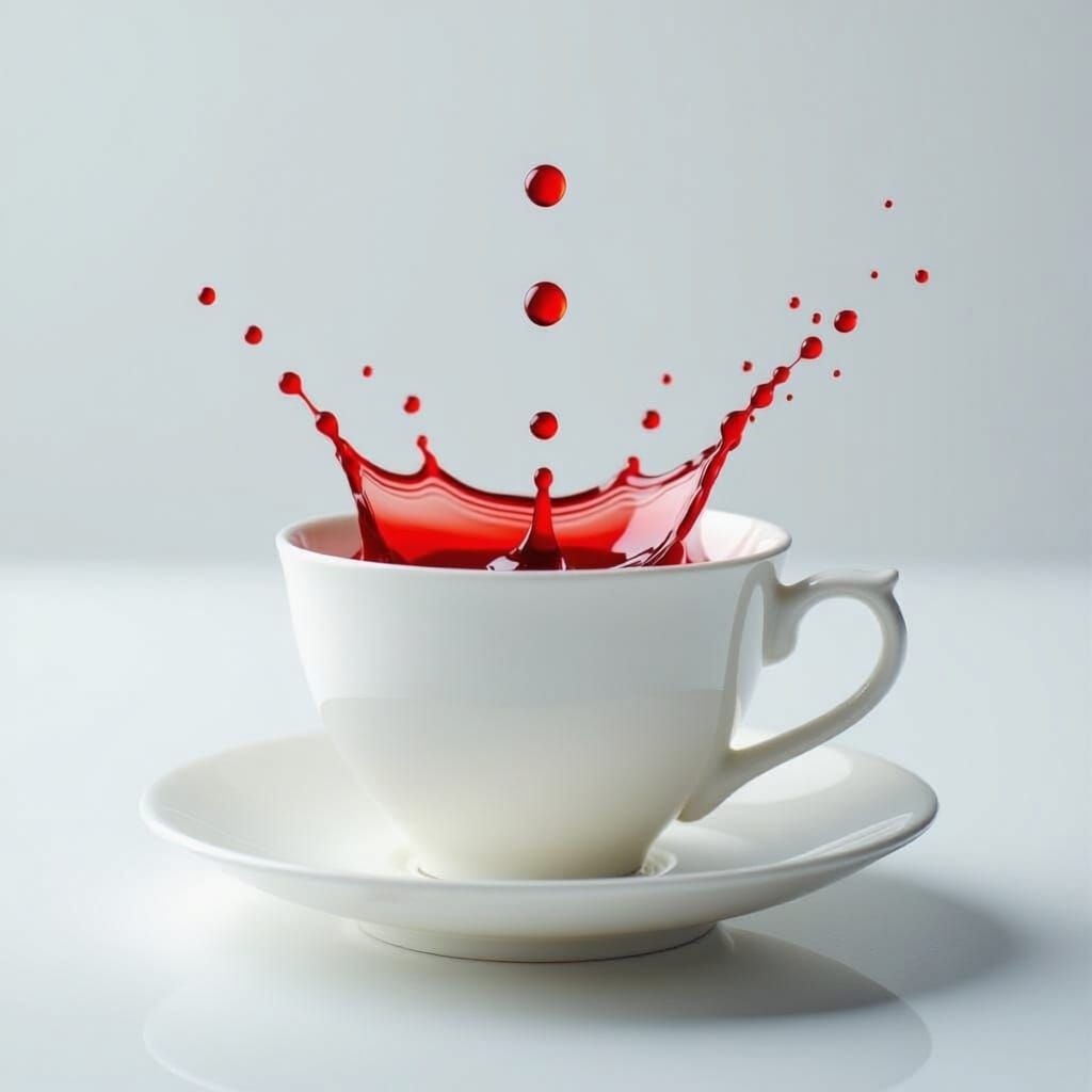 Porcelain Tea Cup with Surreal Water Splash and Blood Drop