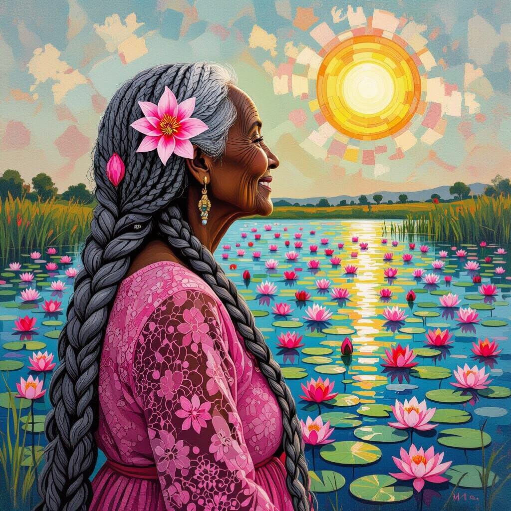 OLDER ETHIOPIAN LADY AT THE LILY POND