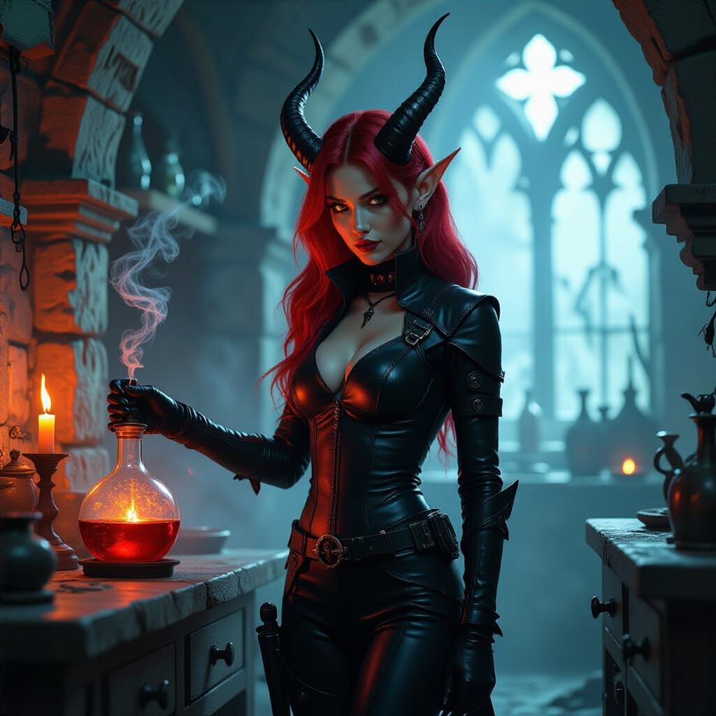 Tiefling Alchemist in Gothic Laboratory with Red Hair