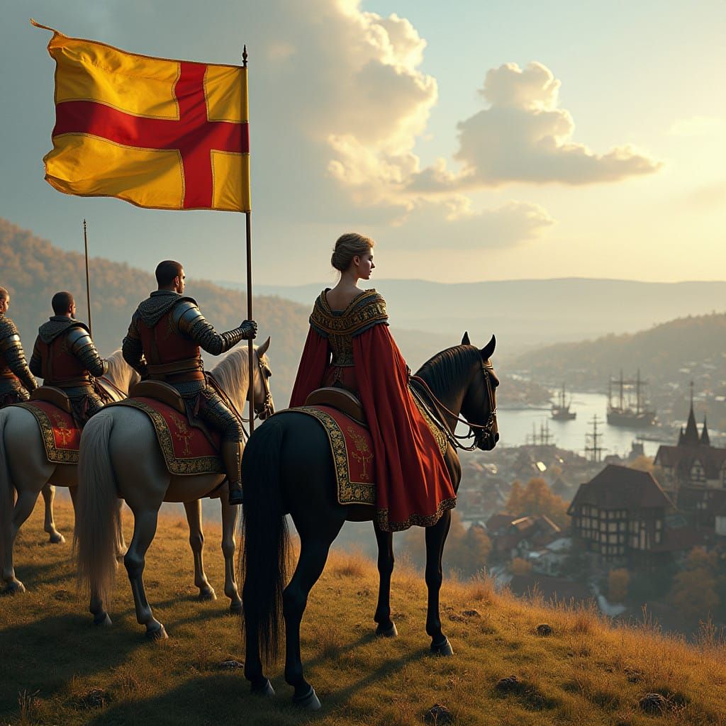 Medieval Queen in Majestic Garb with Knights and Kalmar Unio...