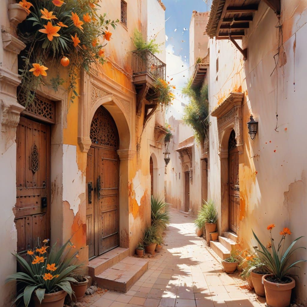 Moroccan Medina Alleyway in Expressive Watercolour Style