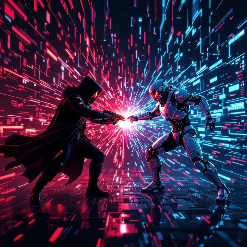 Cyberpunk Battle: Hacker vs. AI Hunter in Neon City