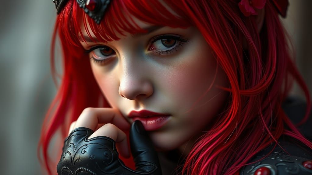 Woman with Crimson Hair in Goth Armor