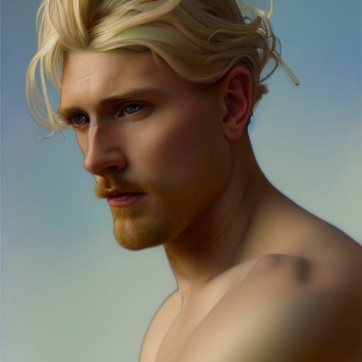Totally alphonse mucha style handsome blond shirtless man with tattooed sin detailed hyper realistic dramatic beautiful ...