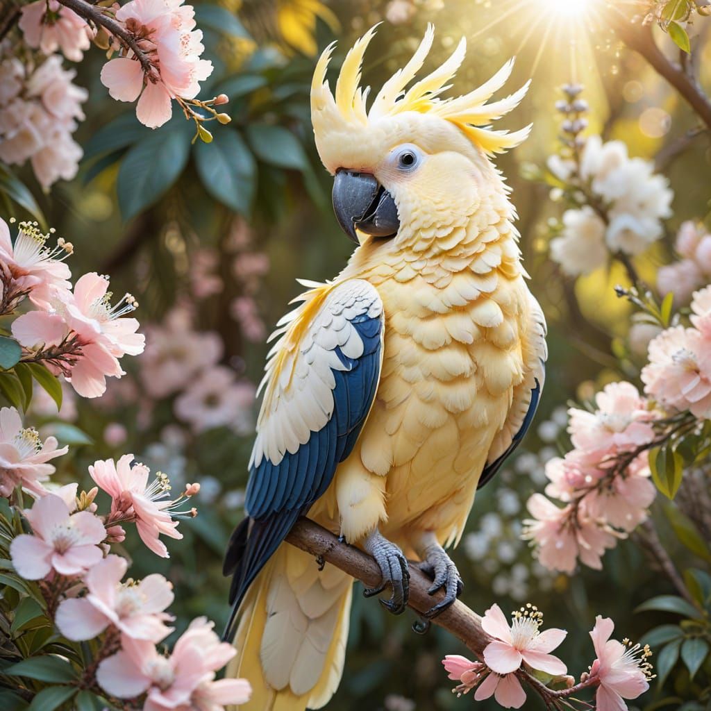Vibrant Cockatoo in Sun-Drenched Floral Garden