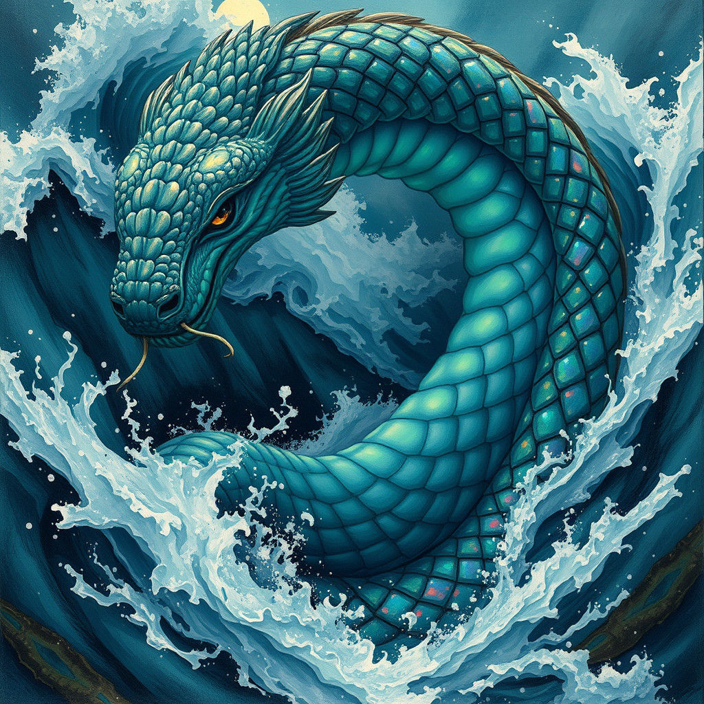 Majestic Ocean Serpent in Stormy Sea, Expressive Style