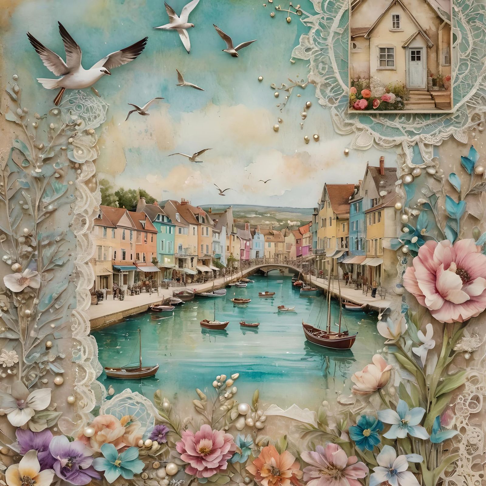 Charming Coastal Village Scene in Mixed Media