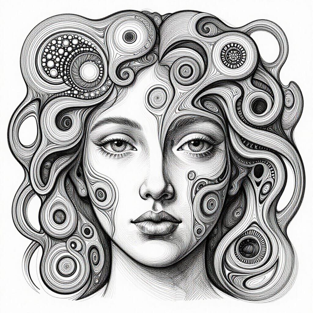 Escher-Inspired Line Art Female Face with Organic Forms