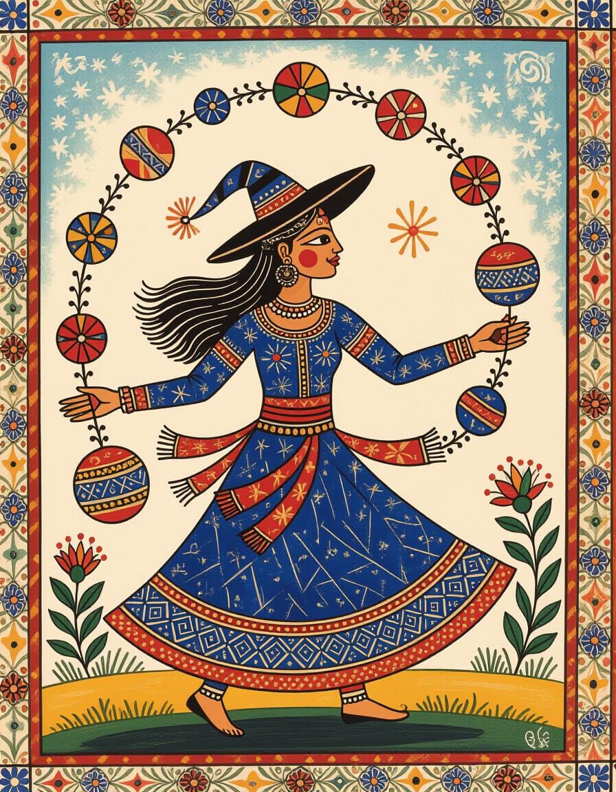 Moroccan Witch Juggling in Madhubani Painting Style