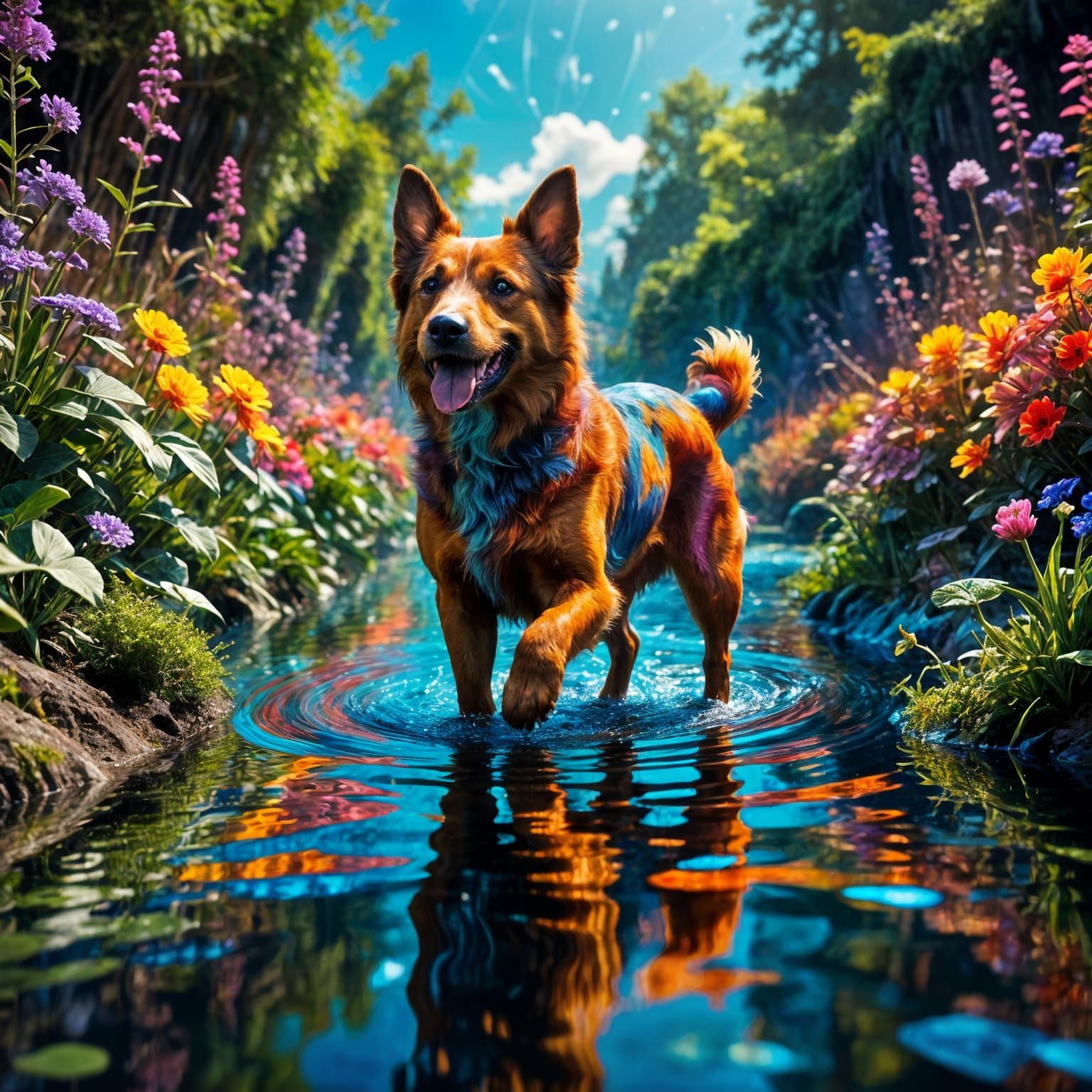 Joyful Dog in Infinite Specular Lake Maze