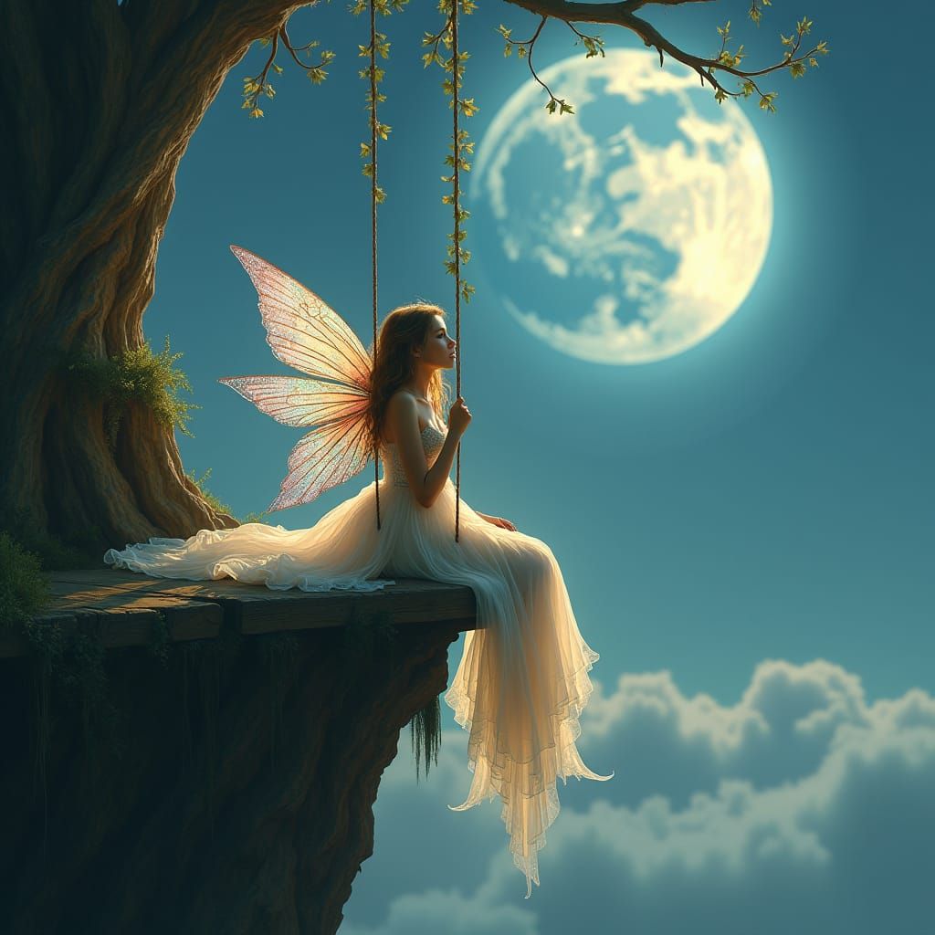 Fairy on Cliffside Swing in Moonlight
