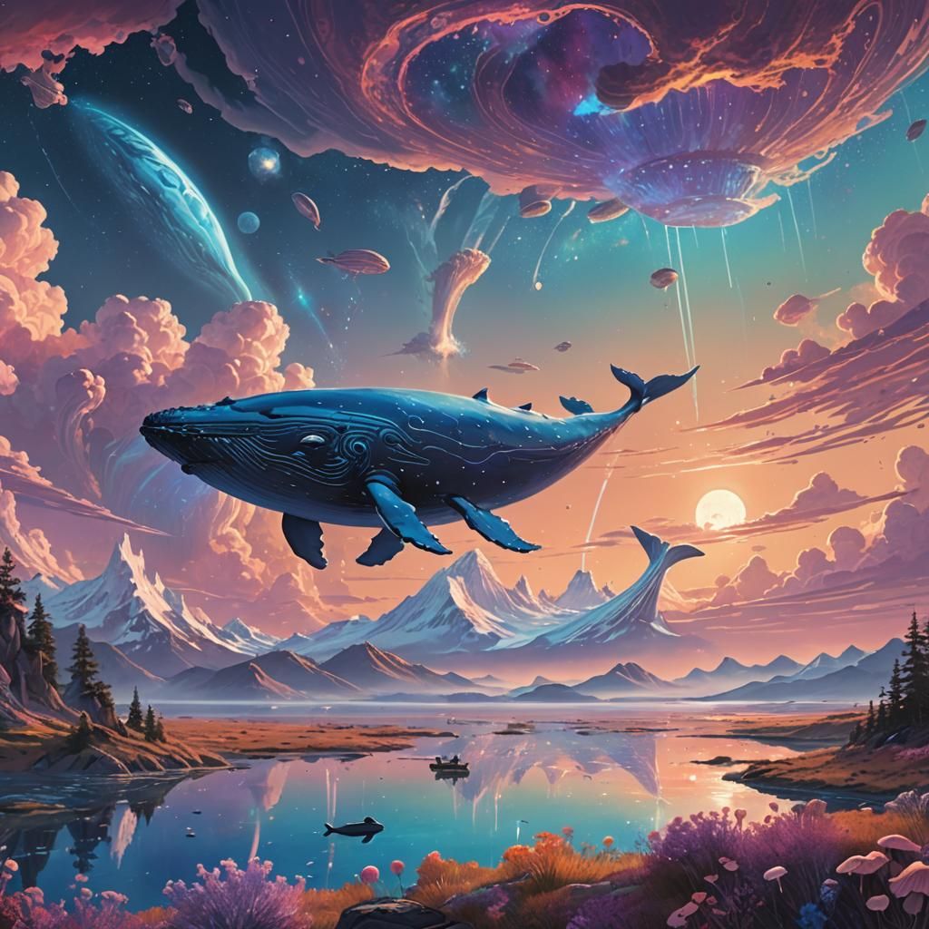 Glowing Whale Glides Through Galaxy Sky