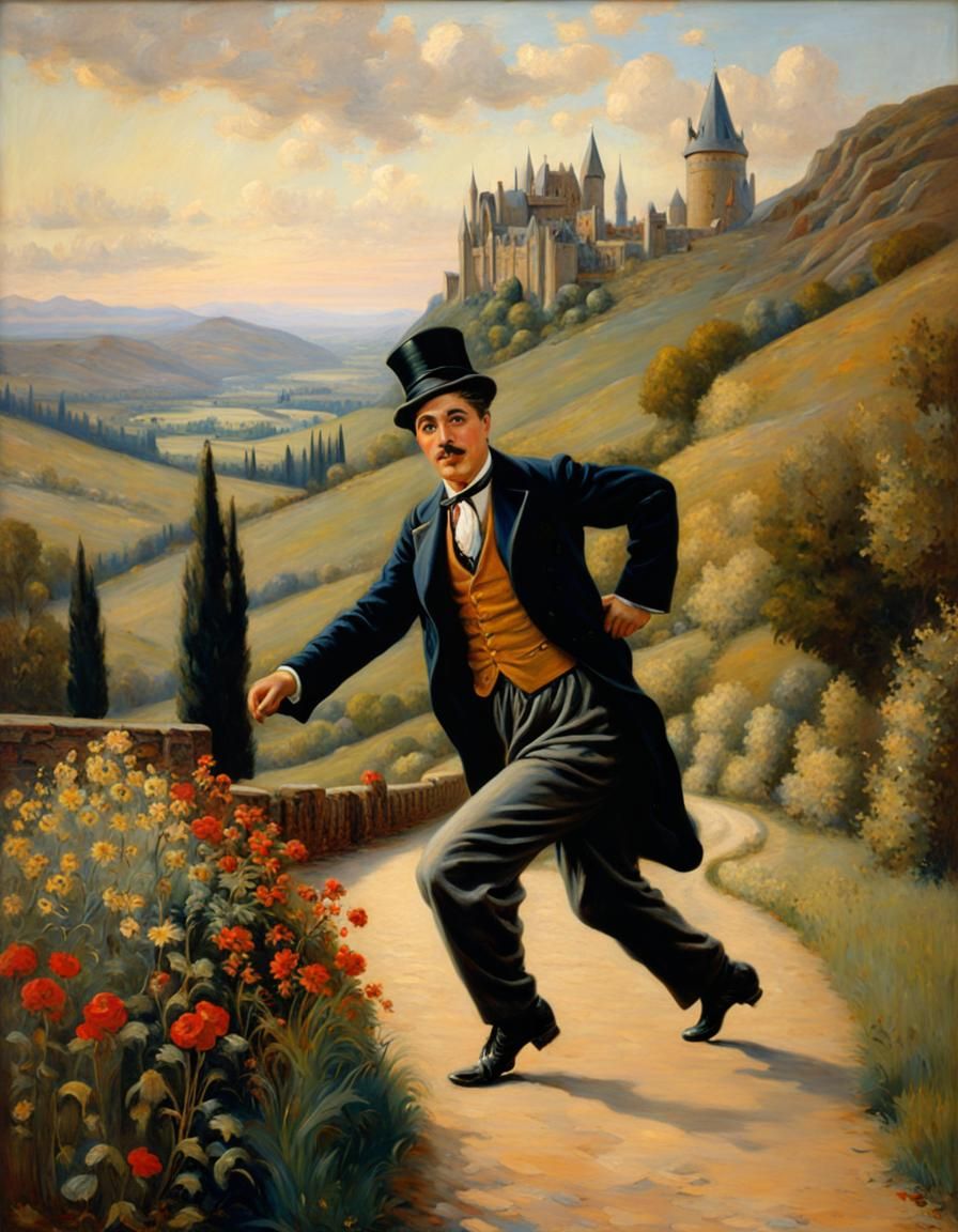 Charlie Chaplin Dances: A Pre-Raphaelite Oil Painting