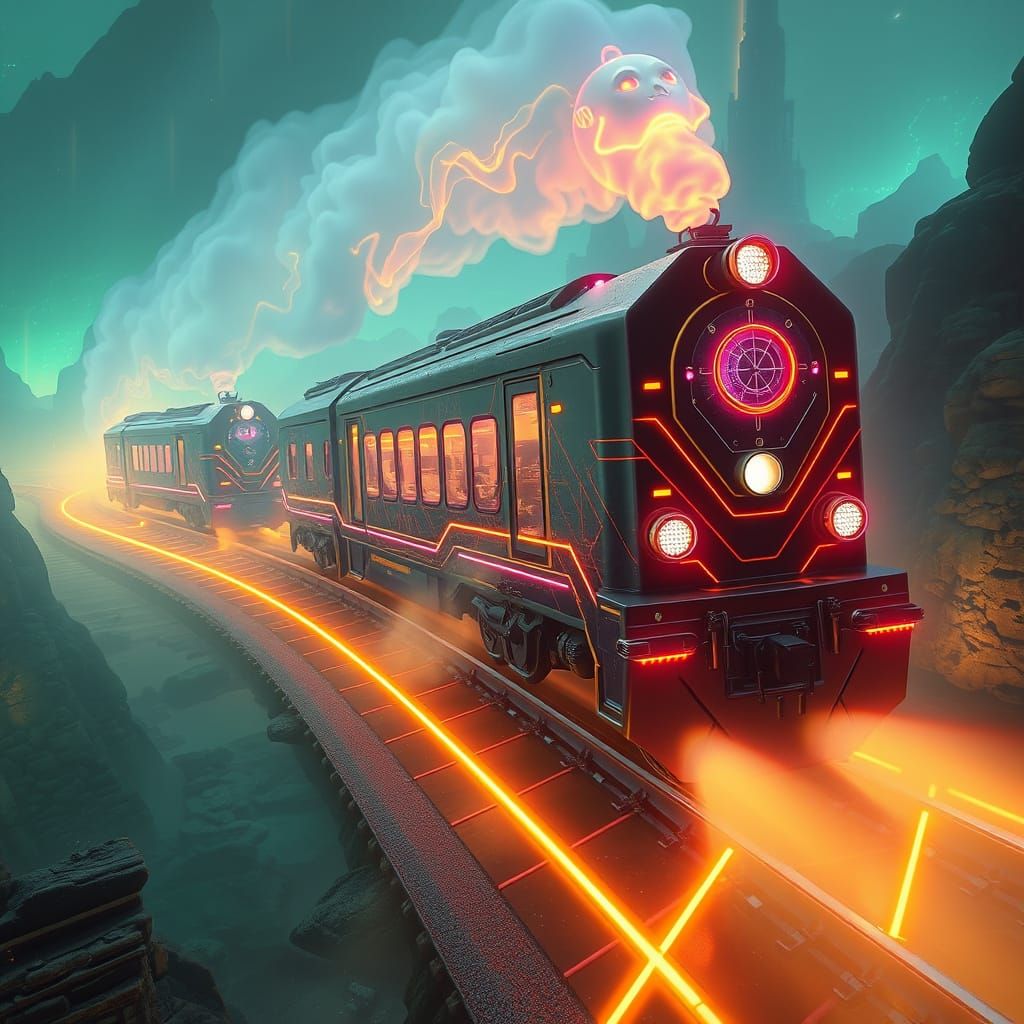 Ethereal Ghost Train on Neon Grid in Art Nouveau Style