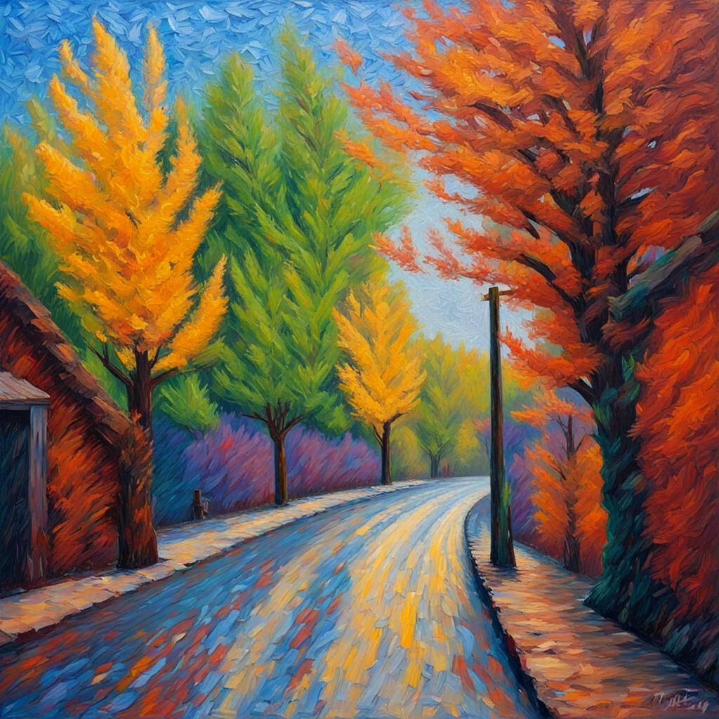 Dynamic Scene in Expressionist Neo-Impressionist Oil Paintin...