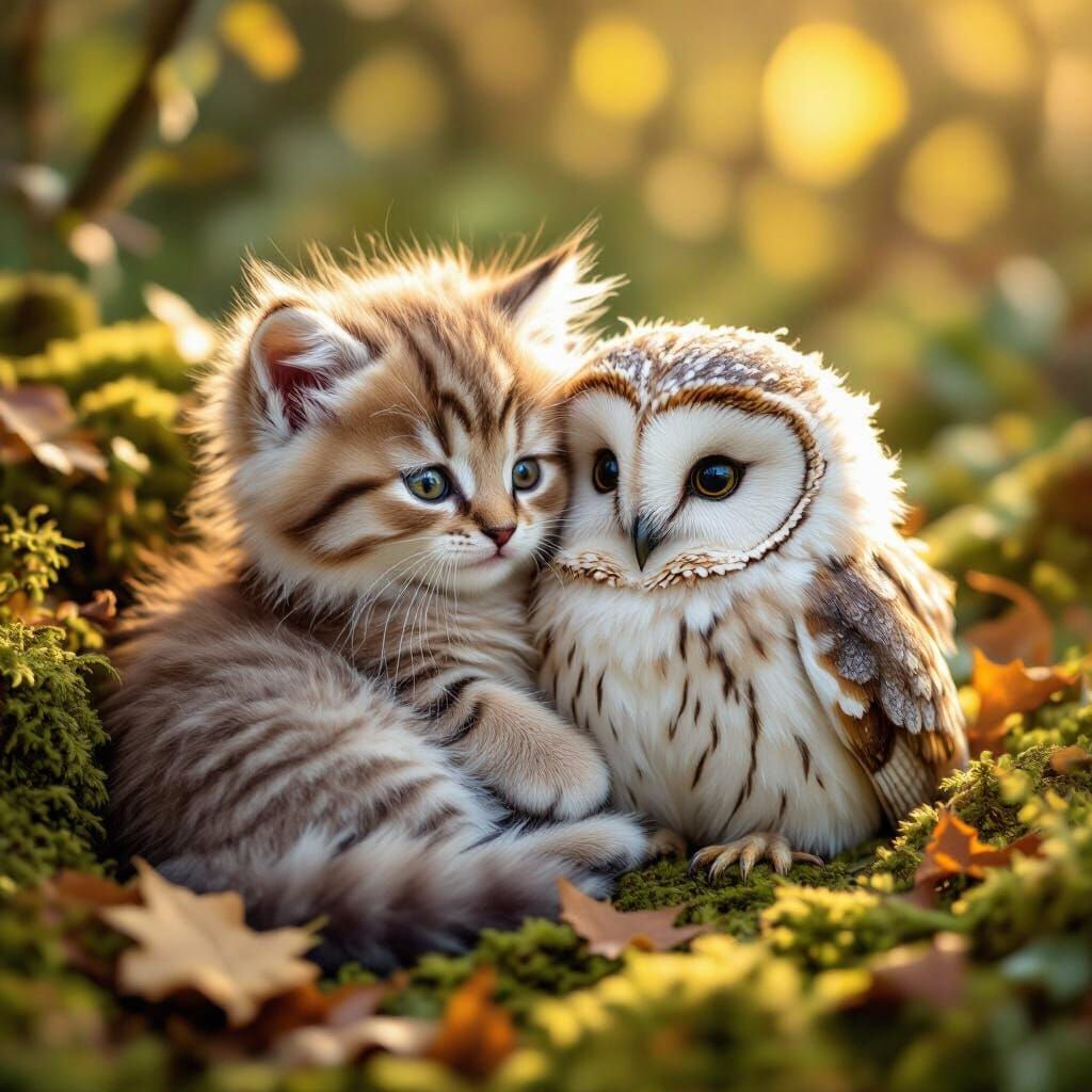 Kitten and Owl Cuddle in Golden Sunlight
