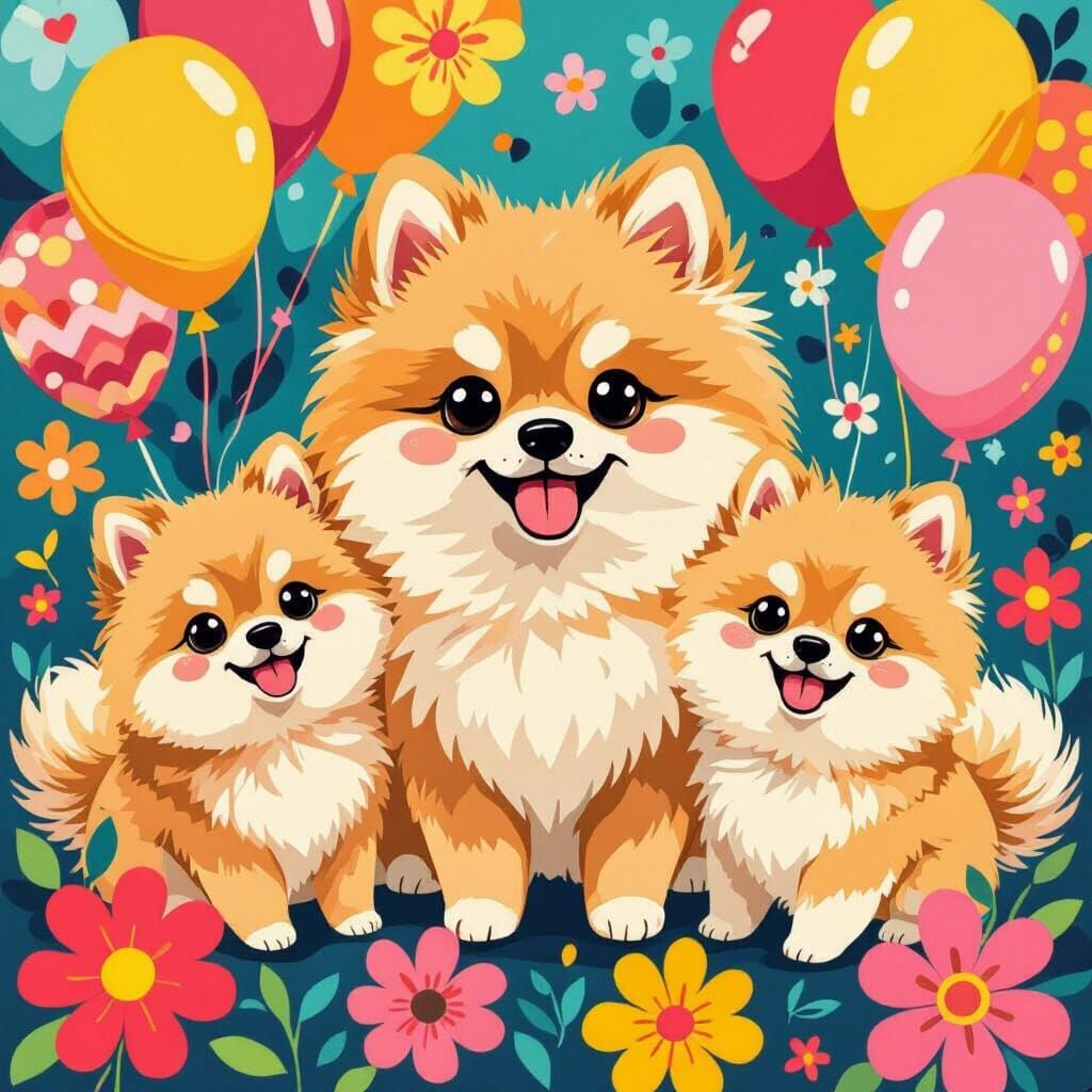 Pomeranian Dogs with Flowers in Pop Art Style