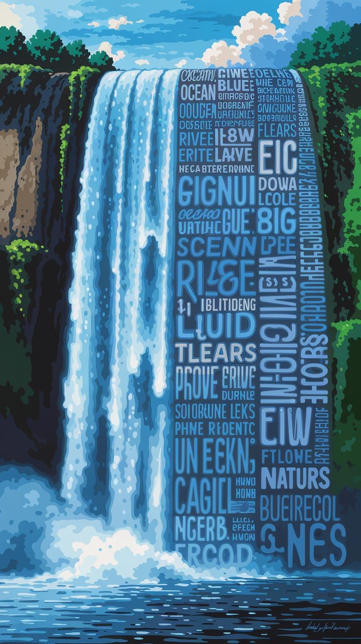 Surreal Waterfall of Words in Digital Painting Style