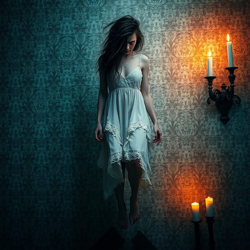 Gothic Maiden Levitates Amidst Ominous Shadows