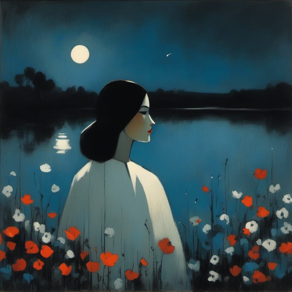 Moonlit Woman Portrait with Blue River and Flowers