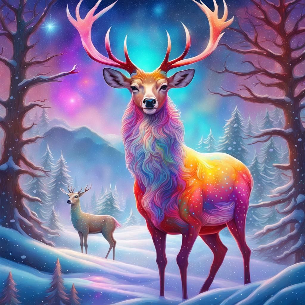 Magical Christmas Deer in Surreal Cosmic Style