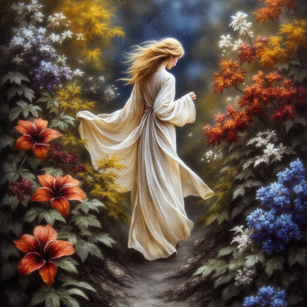 Woman in Surreal Garden Art Nouveau Style