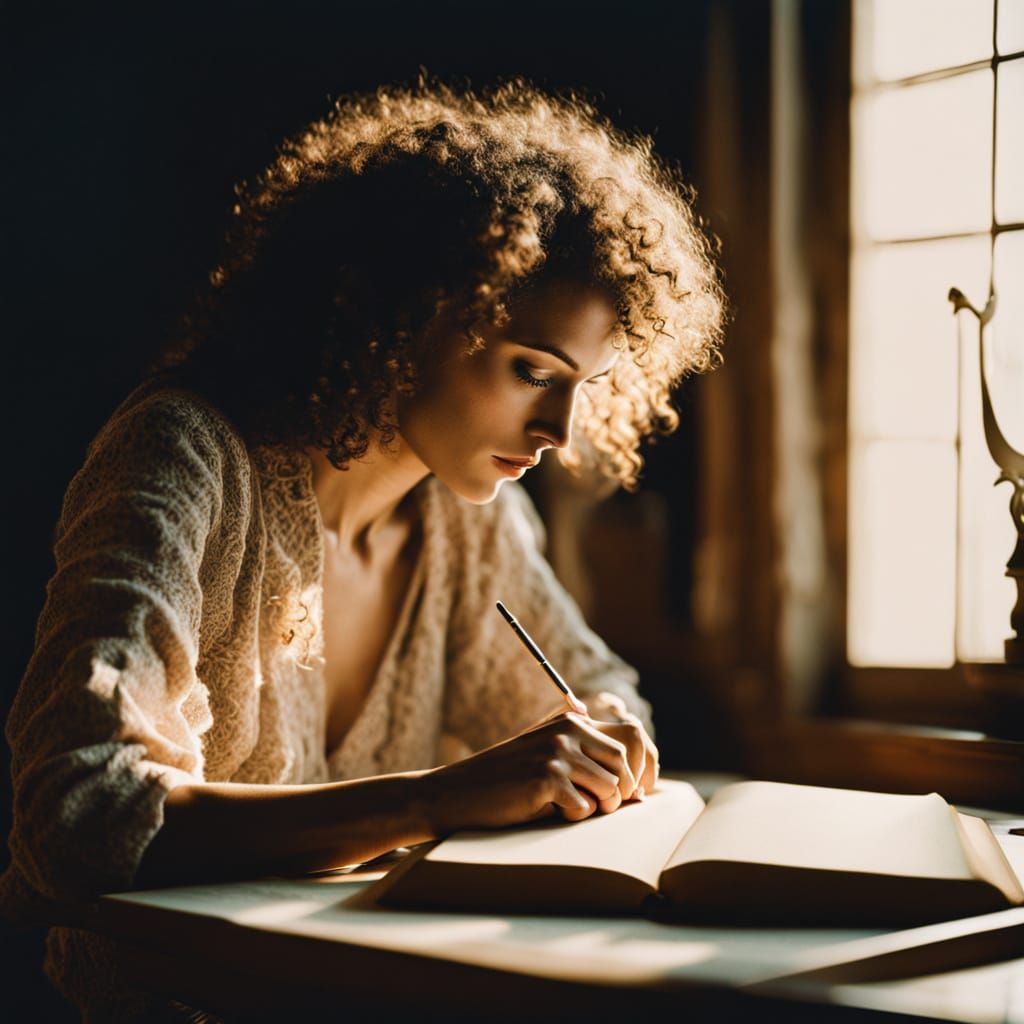 Woman Resting Head on Book in Lunar Glow
