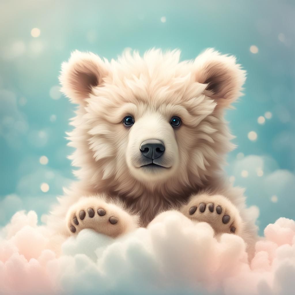 Cute Fluffy Baby Bear on Cloud in Pastel Photography