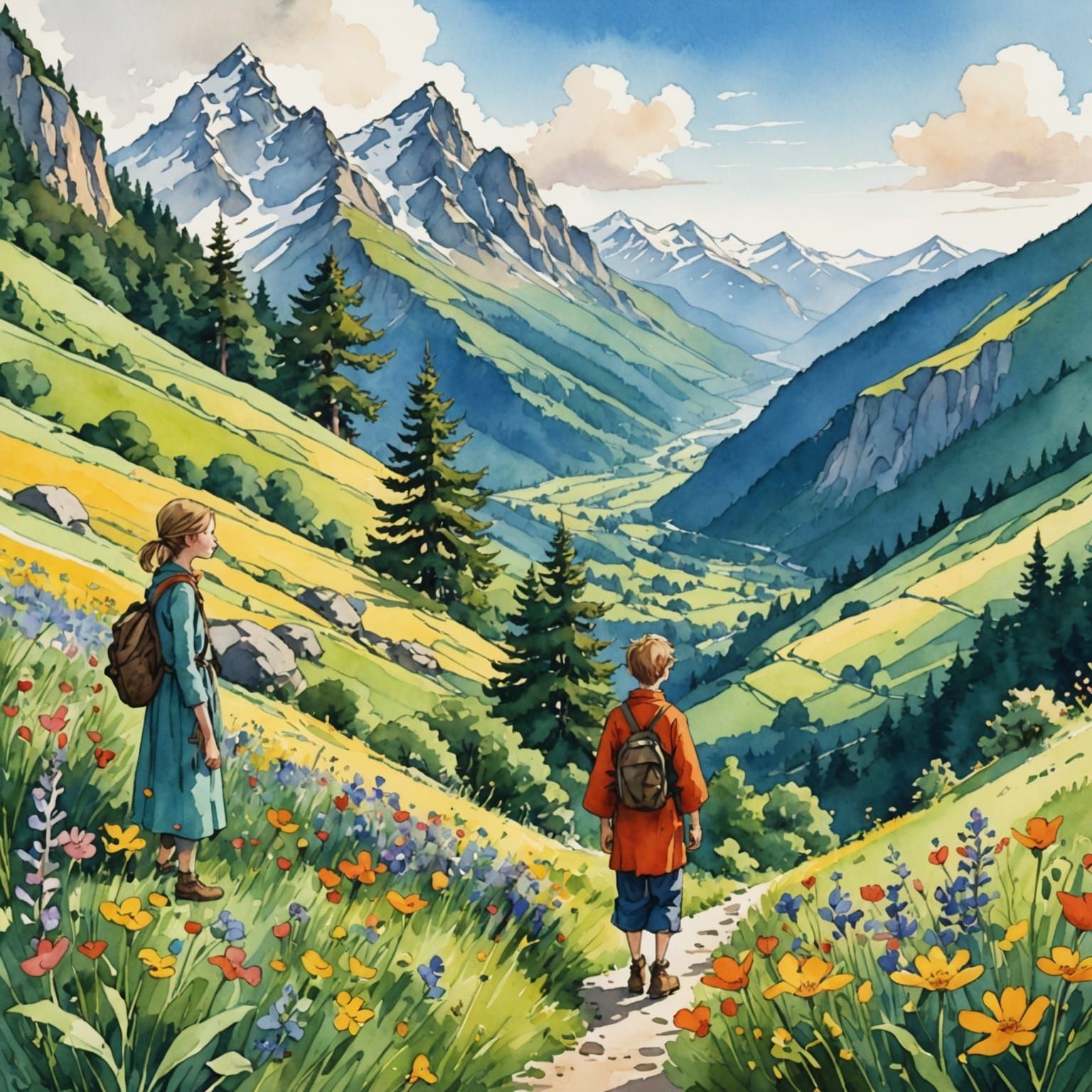 Watercolor Mountains with Wildflowers in Storybook Style