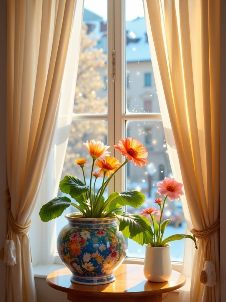 Cozy Window Scene with Anthurium and Snowy Cityscape