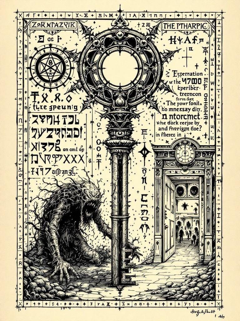 Mystical Key and Ominous Door in Ink Drawing