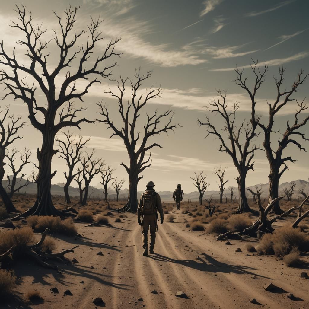 Eerie Sci-Fi Landscape with Space Traveler